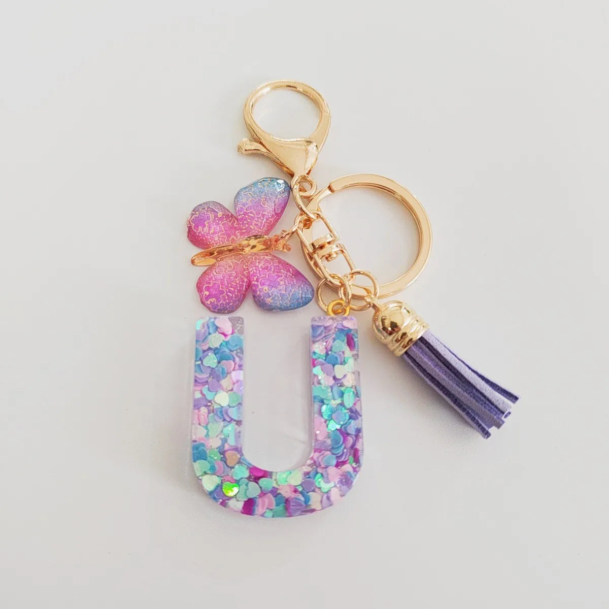 Butterfly Initial Keychain - Fringe Sequin A-Z Letter Bag Charm for Women & Students