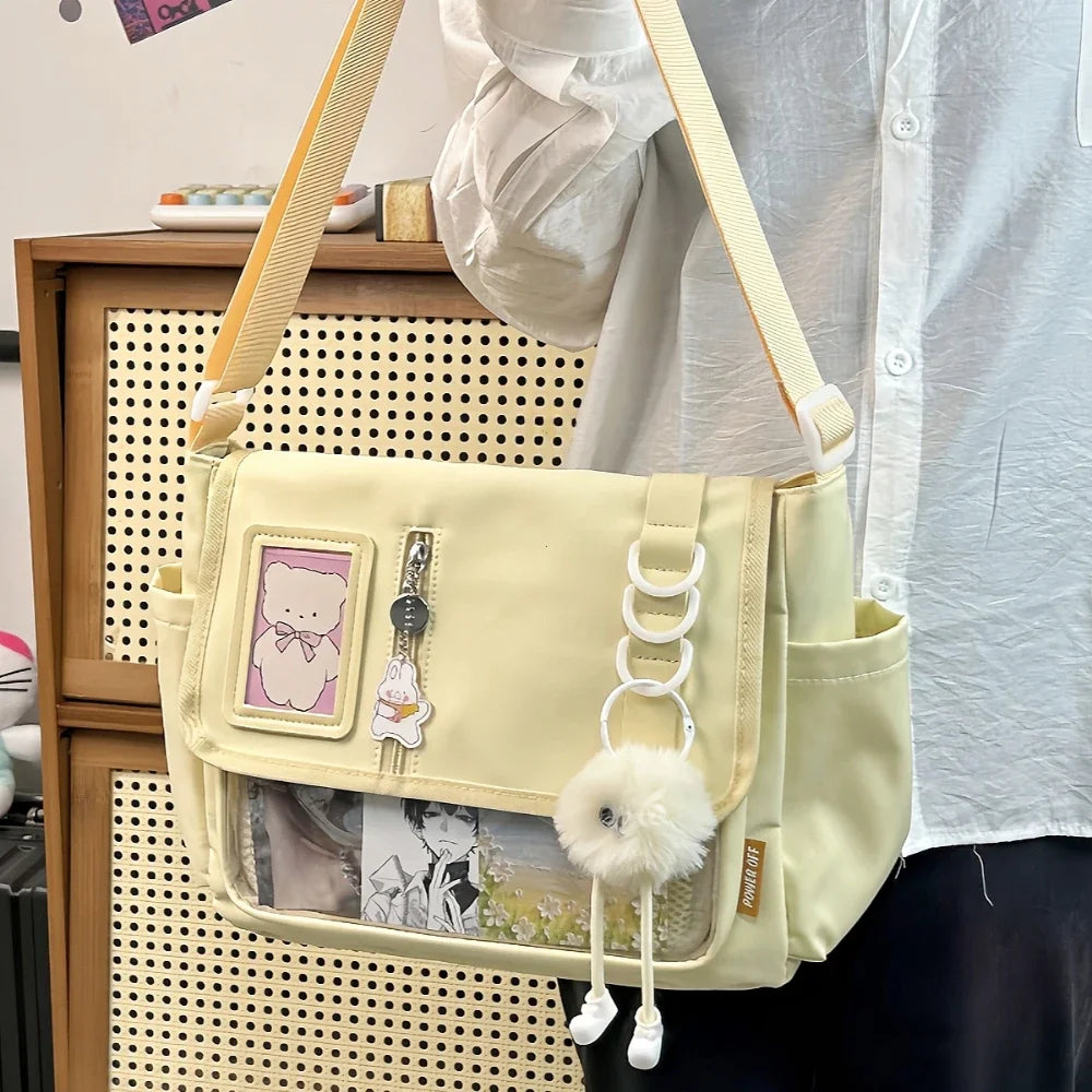 Y2K Japanese Harajuku School Bag — 2024 Transparent Itabag Crossbody for Teenage Girls with DIY Badge Display Plate