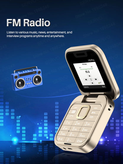 SERVO I16 Pro Mini Fold Mobile Phone — Dual SIM 2G GSM Flip Cellphone with Speed Dial, FM, 3.5mm Jack & Video Player