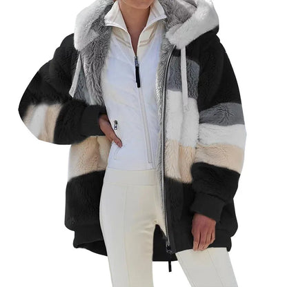 Oversized Jacket for Women – 2023 Autumn Winter Warm Plush Hooded Coat, Loose Fit Streetwear with Pockets
