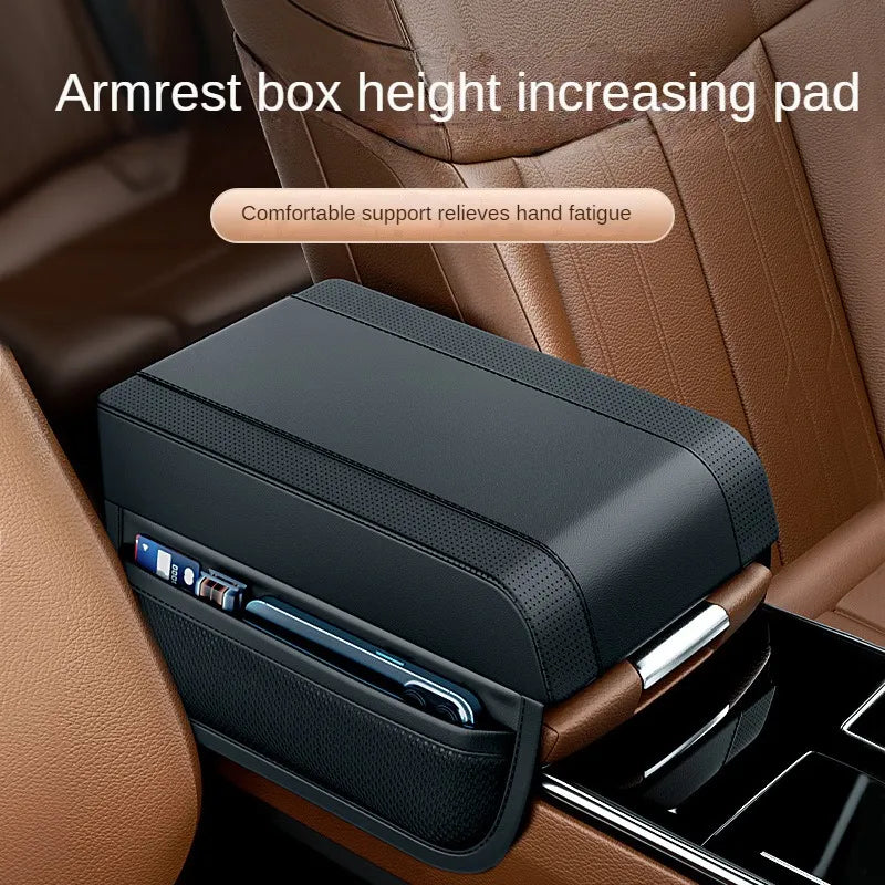 Universal Car Armrest Box Height Pad - Leather Cushion with Pocket, Central Memory Cotton Elbow Support, Armrest Storage