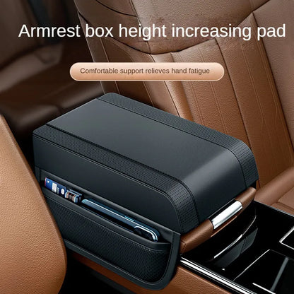Universal Car Armrest Box Height Pad - Leather Cushion with Pocket, Central Memory Cotton Elbow Support, Armrest Storage