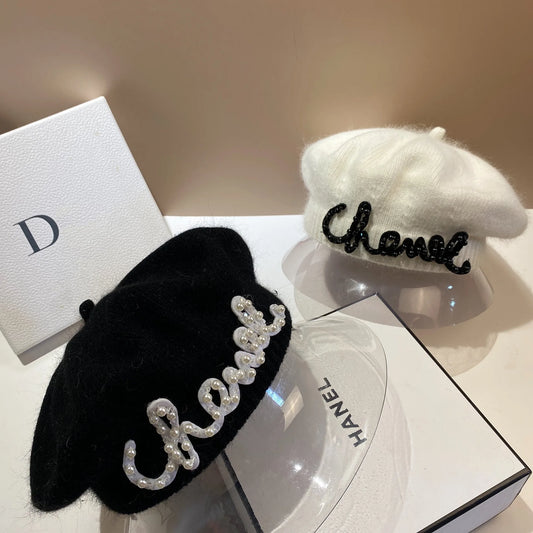 Luxury Fashion Letter Pearl Angora Fur Beret – Women's French Painter Hat, Warm Knitted Octagonal Walking Cap