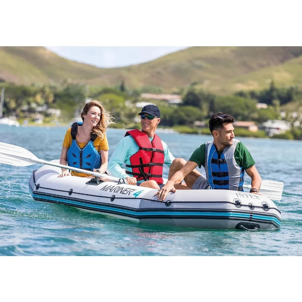 4-Person Inflatable Boat Set – Includes Aluminum Oars & High Output Air Pump for Fishing and Boating in Rivers & Lakes