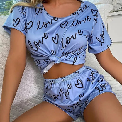 Women’s Pajama Set — 2-Piece Short Sleeve Cartoon Print Sleepwear Top & Pants Loungewear