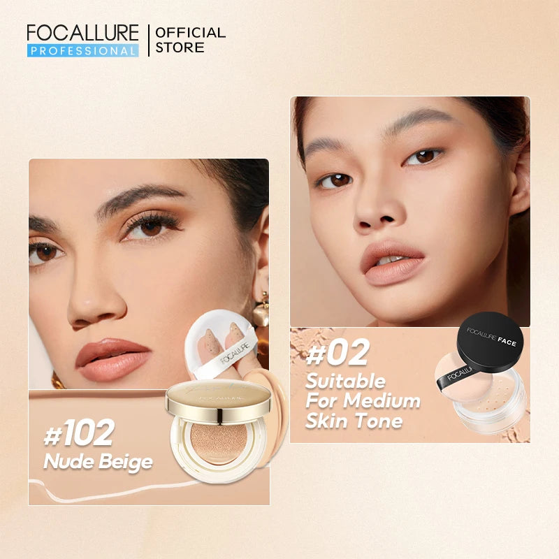 FOCALLURE Air Cushion BB Cream – Poreless, Waterproof, Long-Lasting Matte Foundation & Brightening Concealer with Puff