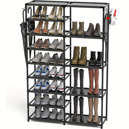 9-Tier Tall Shoe Rack with Hooks – Heavy Duty Vertical Organizer, Large Capacity Holds 24-35 Pairs, Black