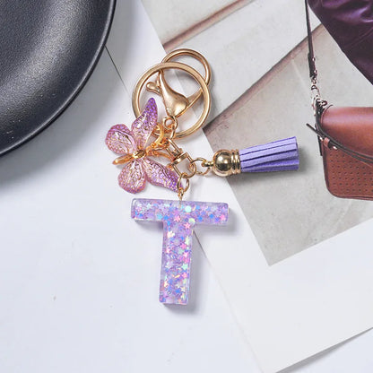 A-Z Initial Letter Sequin Keychain - Purple Butterfly Tassel Resin Keyring Backpack Charm Gift
