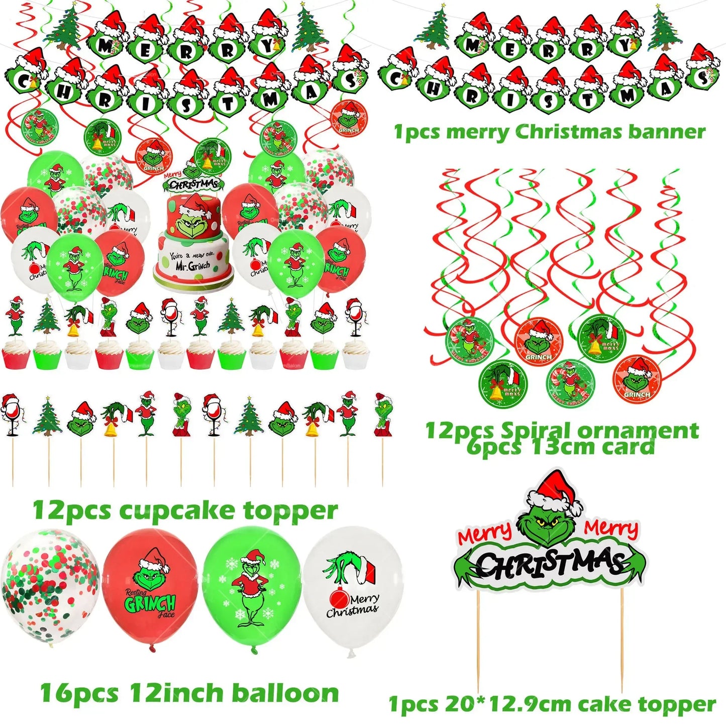 Grincs Christmas Party Balloon Decoration Set – Merry Xmas Banner Cake & Disposable Tableware Supplies Green Red