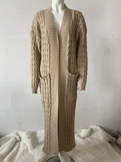Women’s Long Knit Cardigan with Pockets – Vintage Full Sleeve Thick Autumn Winter Sweater Coat