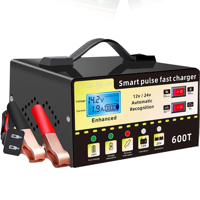 12V/24V Intelligent Car Battery Charger – Automatic Pulse Repair with LCD Display, Voltage & Temperature Detection, High Power Maintenance System