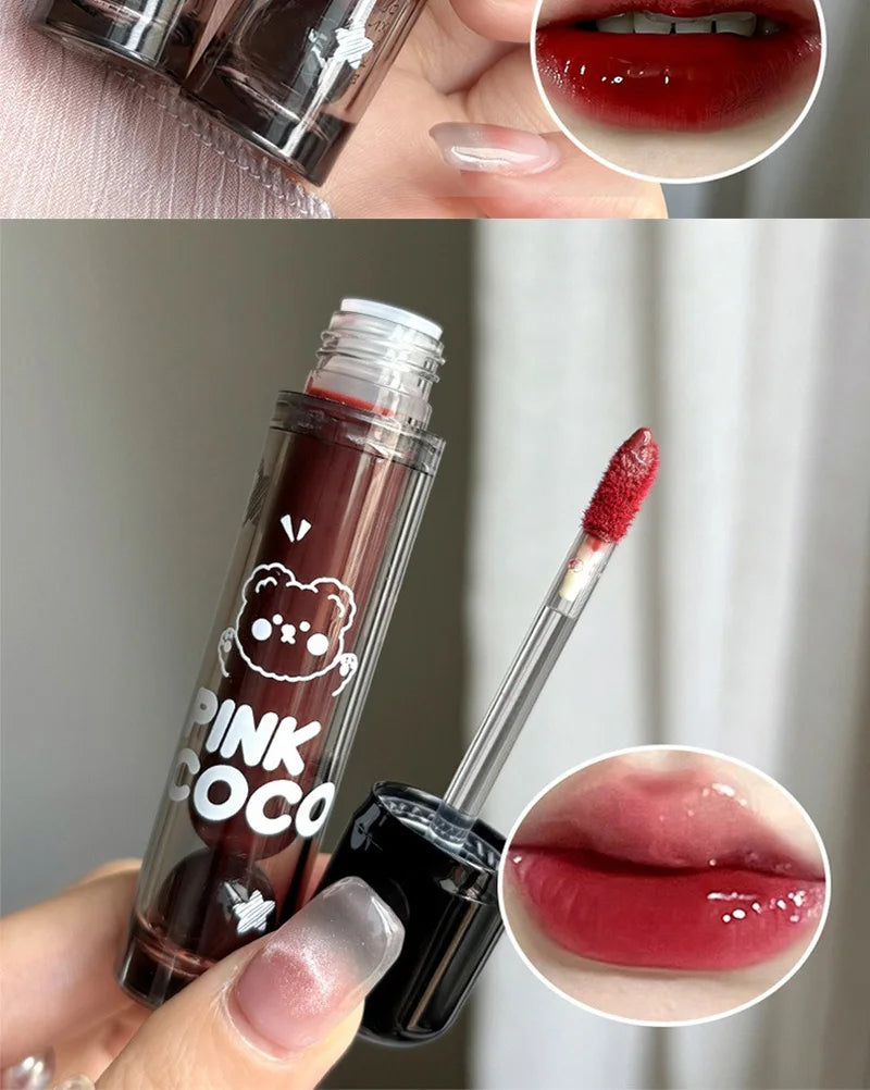 PINKCOCO Bear Doodle Mirror Lip Glaze – Long-Lasting Shiny Nude Lip Gloss, Skin-Brightening Student-Friendly Lipstick