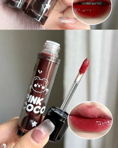 PINKCOCO Bear Doodle Mirror Lip Glaze – Long-Lasting Shiny Nude Lip Gloss, Skin-Brightening Student-Friendly Lipstick