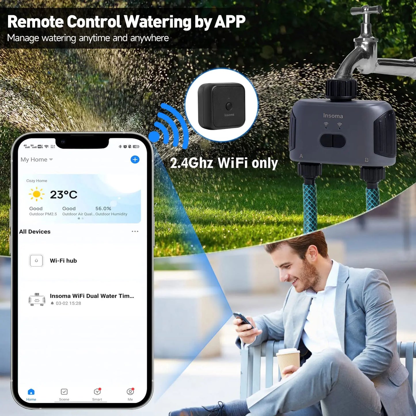 Insoma Automatic Water Timer with WiFi Hub – 2-Outlet Garden Irrigation Sprinkler System, Alexa Compatible