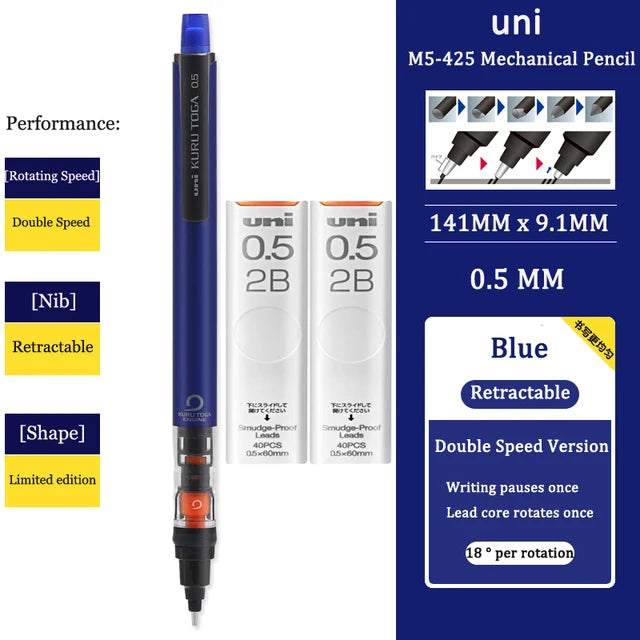 UNI KURU TOGA M5-452 Mechanical Pencil 0.5mm – Rotating Lead Automatic Pencil for Continuous Writing & Sketching