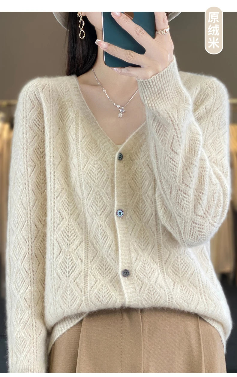 Women's 100% Wool Cashmere Cardigan – V-Neck, Super Soft, Loose Fit, Long Sleeve Knit Sweater