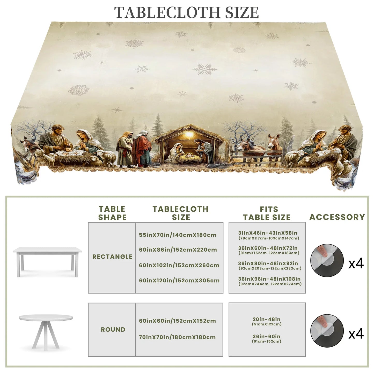 Christmas Nativity Scene Tablecloth – Yule Home Party Decor for Indoor & Outdoor, Round & Rectangular Tables