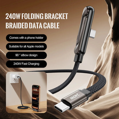 240W 2-in-1 USB-C Fast Charging Cable with Foldable Stand – Type-C Data & Desktop Holder Cord for iPhone 17/16