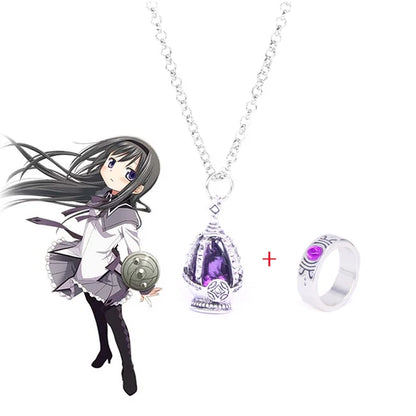 Puella Magi Madoka Magica Soul Gem Jewelry Set - Anime Cosplay Pendant Necklace and Ring Accessories for Kaname Madoka and Miki Sayaka Fans
