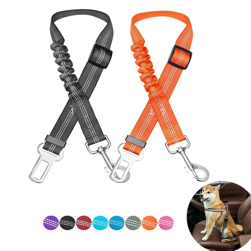 Adjustable Dog Car Seat Belt Harness – Nylon Reflective Elastic Safety Strap with Cushioning for Pet Travel