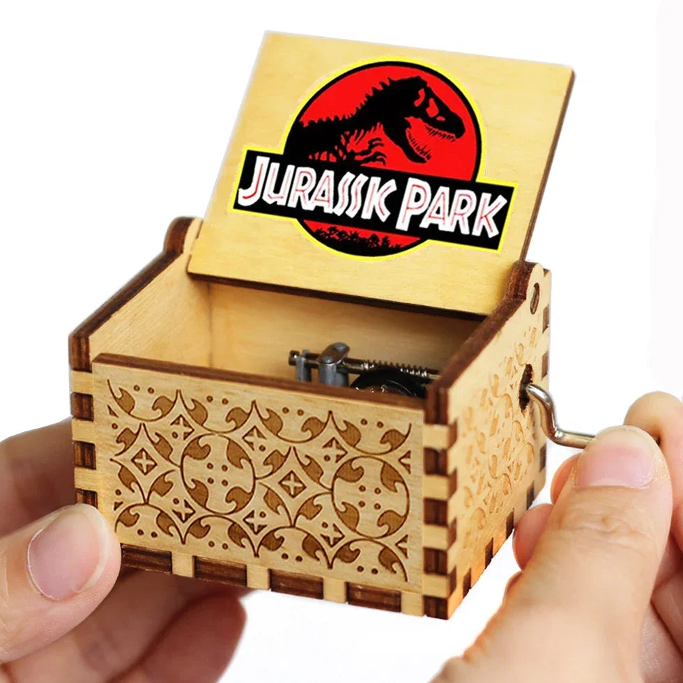Wooden Hand Crank Jurassic Park Music Box – Classic Theme Melody Gift for Kids & Collectors