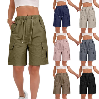 Women’s High-Waisted Cargo Shorts - Loose Straight-Leg Drawstring Sports Shorts with Multiple Pockets