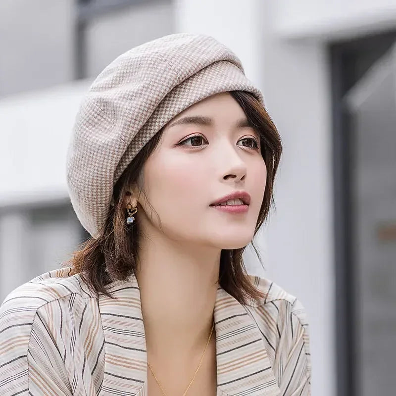 2024 Women's Wool Beret - Elegant Plaid Vintage Octagonal Cap, Casual Cotton Hat for Autumn and Winter