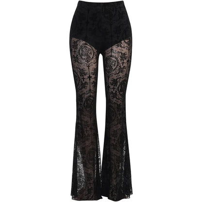 Women’s Gothic Lace Bell-Bottom Pants - High-Waisted Slim Printed Flare Trousers