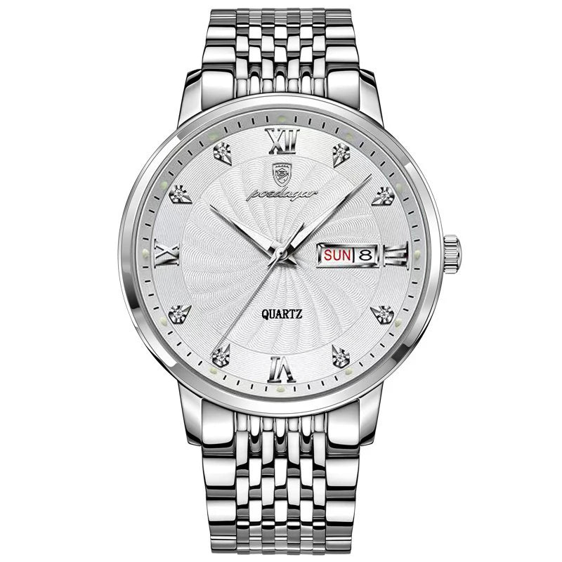 POEDAGAR Luxury Men's Watch — Waterproof Luminous Quartz Wristwatch with Date & Week, Stainless Steel Sports Fashion