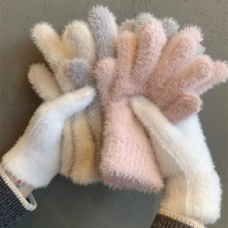 Fashion Winter Mink Velvet Gloves for Women - Plush Warm Cold-Proof Five Finger Mittens, Ideal for Outdoor Cycling in Solid Colors