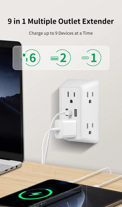 9-in-1 Power Strip – 2 USB Sockets, 1 Type-C Socket, 6 AC Sockets, Compact Wall Plug Power Expander