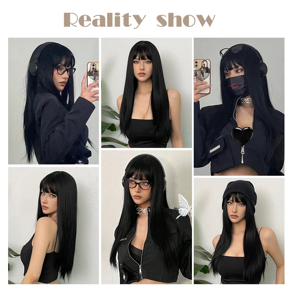 EASIHAIR Long Silky Straight Synthetic Wigs with Bangs: Black Cosplay Party Lolita Hair Wigs for Women - Natural Heat Resistant Wig