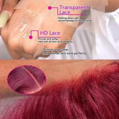 99J Burgundy Lace Front Human Hair Wig – Straight 13x4 HD Transparent Full Lace Frontal, Red Glueless Wig for Women