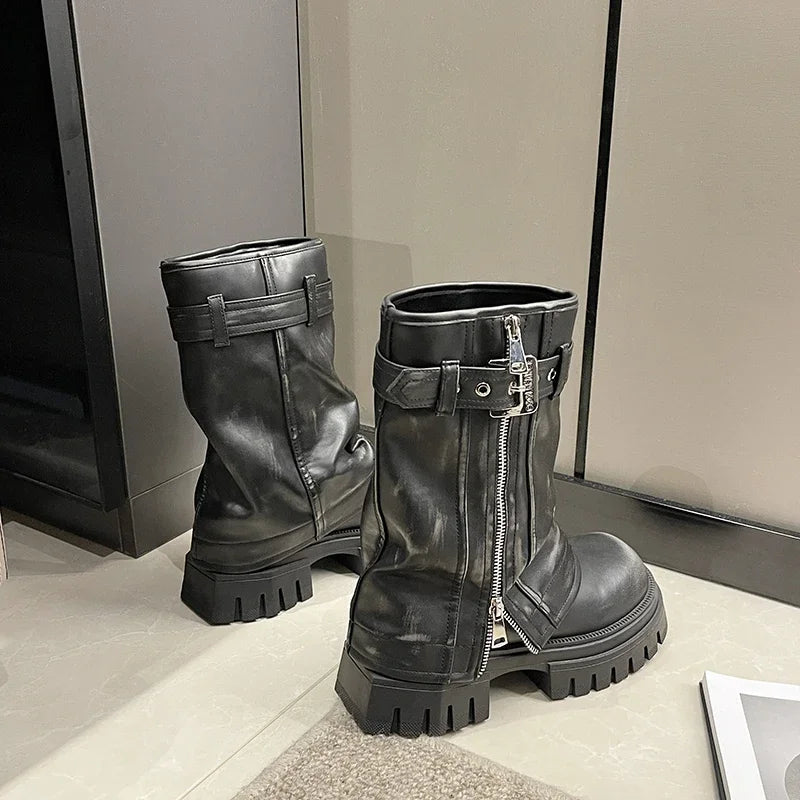 2023 New Women's Mid-Calf Boots – Fashion Belt Buckle, Side Zipper, Round Toe, High Quality