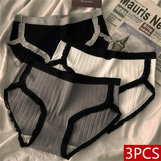 3 Pcs Women’s Cotton Panties Set - Breathable Mid-Waist Solid Color Briefs Soft Female Underwear Lingerie