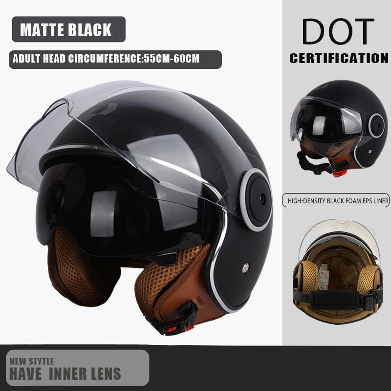 DOT Certified Vintage Open Face Motorcycle Helmet – Retro 3/4 Cruise Casco Casque Moto for Men & Women