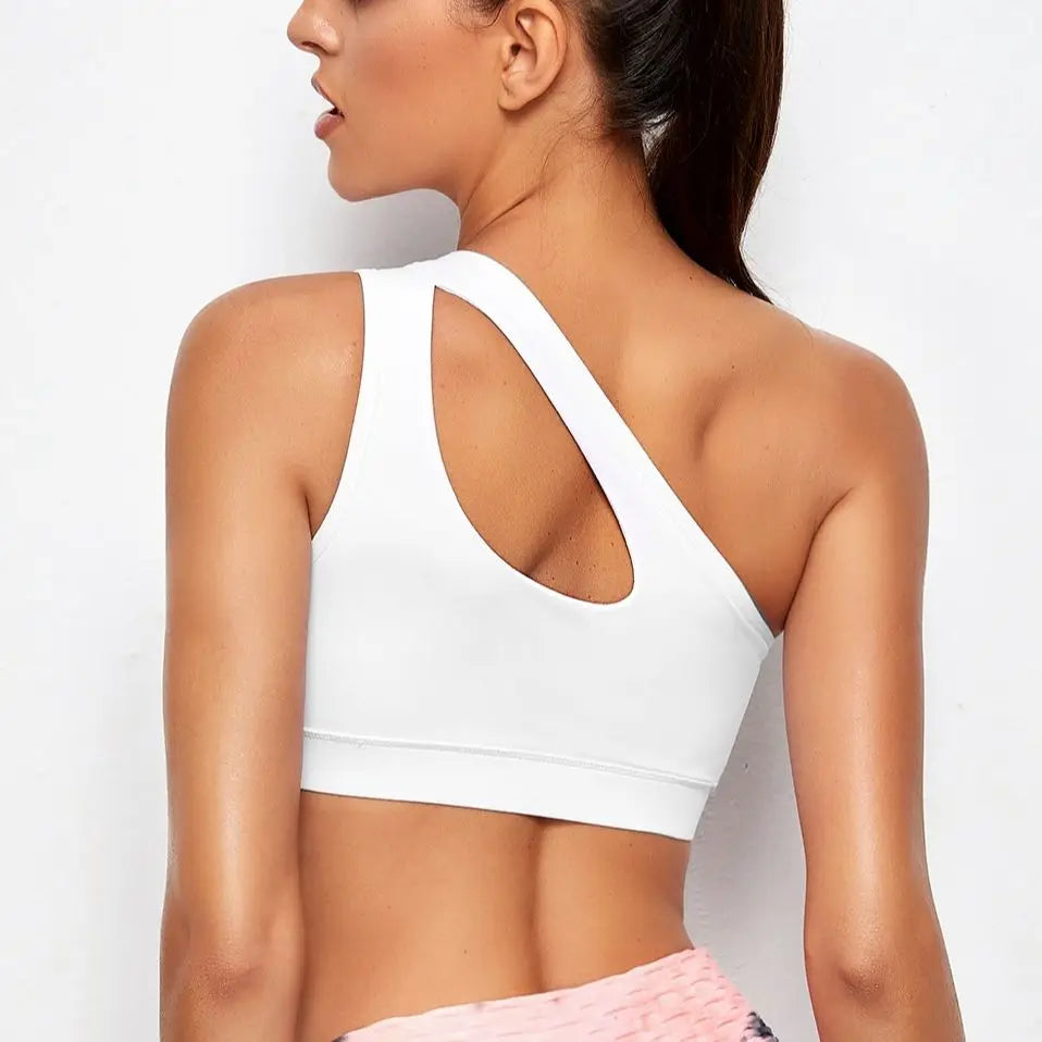 One Shoulder Push Up Sports Bra for Women – Shockproof Yoga Running Fitness Bra Sexy Black White Workout Vest