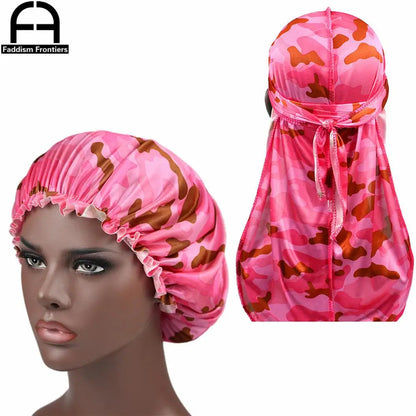 Camo Silky Durag & Bonnet Set - Ankara Print Sleeping Cap and Turban for Women