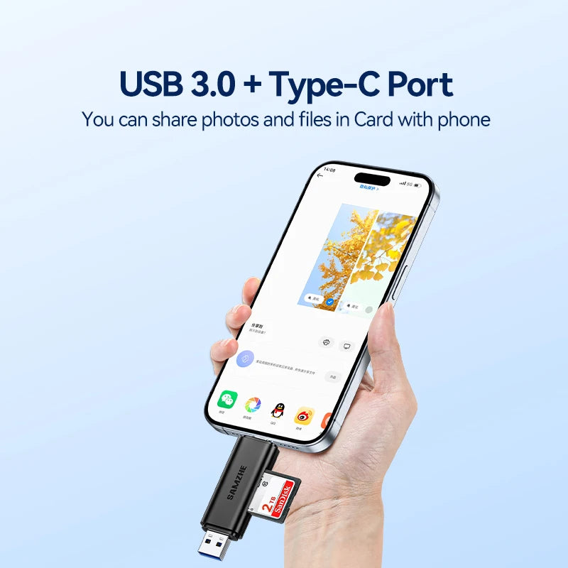 SAMZHE USB 3.2 Card Reader - Dual-Slot SD & MicroSD TF Reader with USB-A & USB-C Support