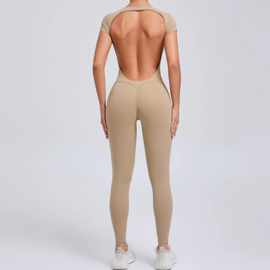 Women’s One-Piece Padded Backless Yoga Romper – Quick-Dry Workout Bodysuit & Sports Jumpsuit