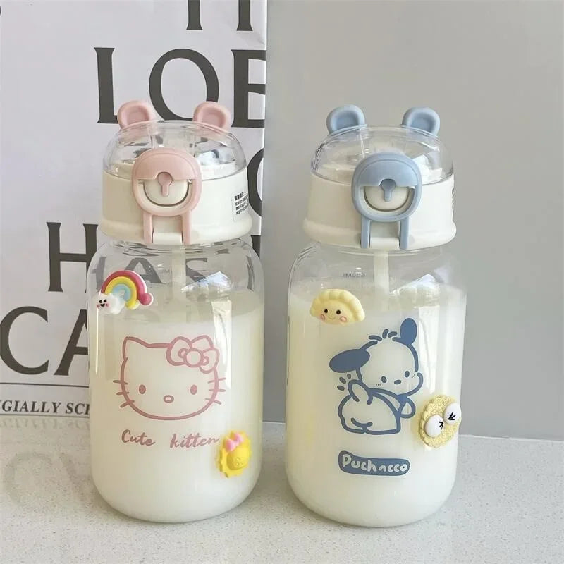 Sanrio Anime Transparent Straw Cup – Hello Kitty & Pochacco 500ML Plastic Water Cup with Handle for Students
