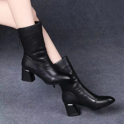 Women’s Versatile Leather Boots - Anti-Slip High Heel Casual Shoes for Fashionable Everyday Wear