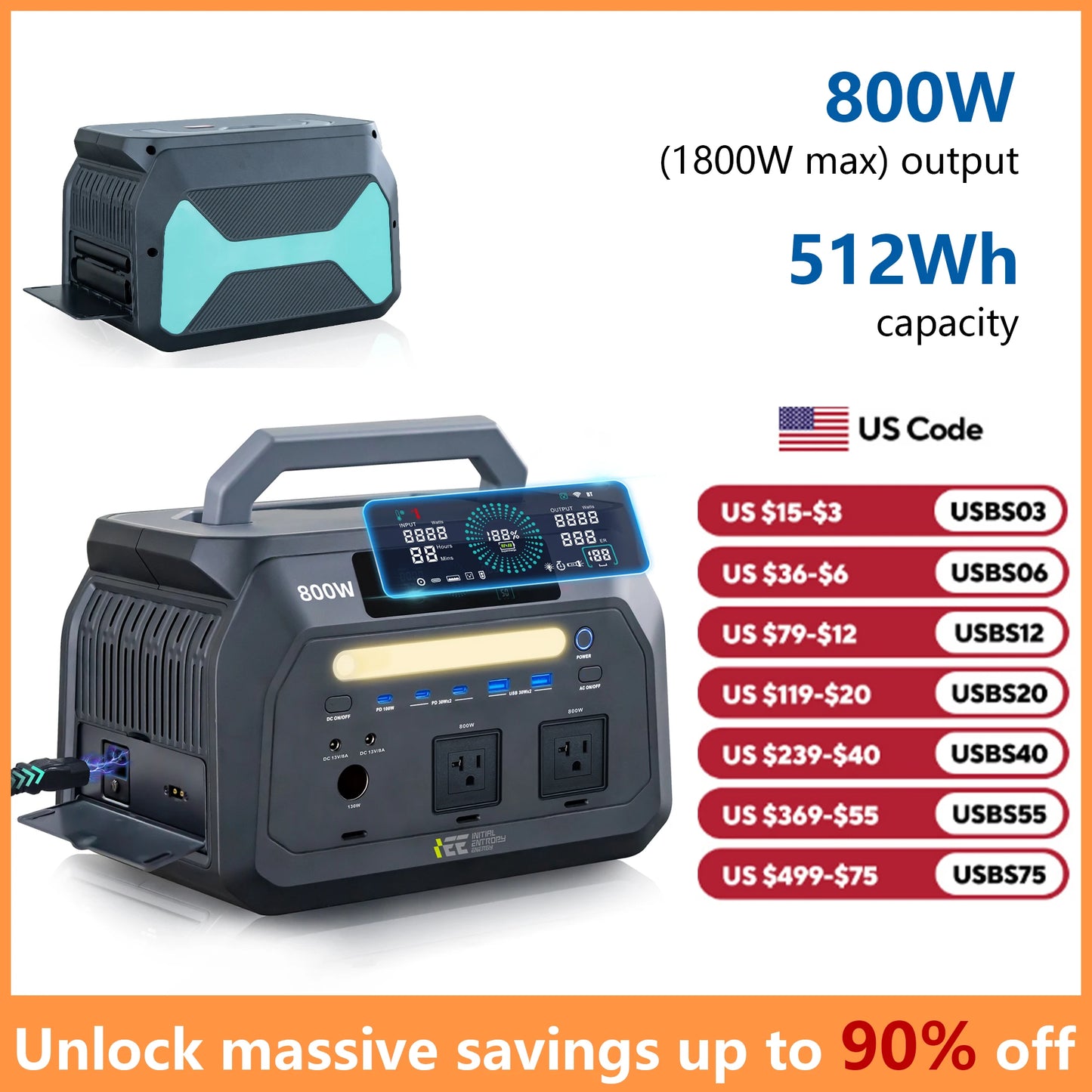 IEE 800W Portable Power Station 512Wh LiFePO4 Battery - 1600W Peak Solar Generator with 2 AC Outlets for Camping, RV, Home Emergency & Outdoor Travel