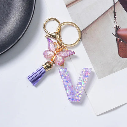 A-Z Initial Letter Sequin Keychain - Purple Butterfly Tassel Resin Keyring Backpack Charm Gift