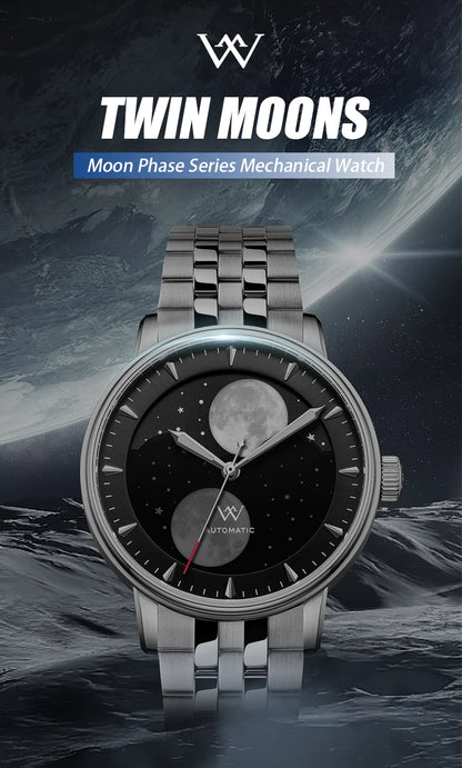 WM Welly Merck Automatic Mechanical Men's Watch — Lunar Moon Phase, Sapphire, Waterproof, Luminous Twin Moons WM142