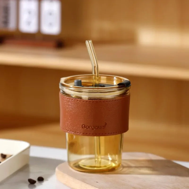 400ml Double Drinking Mouth Water Bottle – Transparent Glass Coffee Mug with Straw & Lid, Creative Beer & Beverage Cup