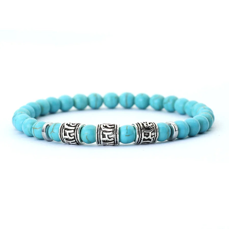 Noter Mantra Bracelet for Men – 6mm Howlite, Lava, and Tiger Eye Beads, Viking Accessories, Tibetan Bracelet