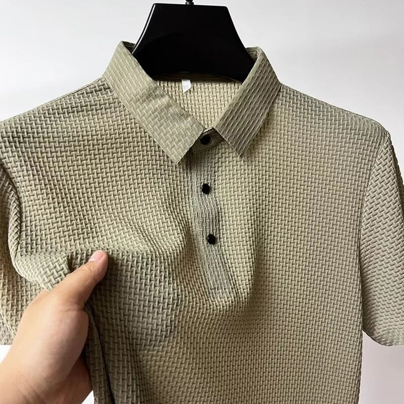Men’s Business Casual Short Sleeve Polo — Solid Color Floral Summer Shirt, Breathable & Comfortable