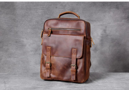 Vintage Crazy Horse Leather Backpack for Men — 17" Laptop Travel Rucksack Cowhide Hiking Bag M815