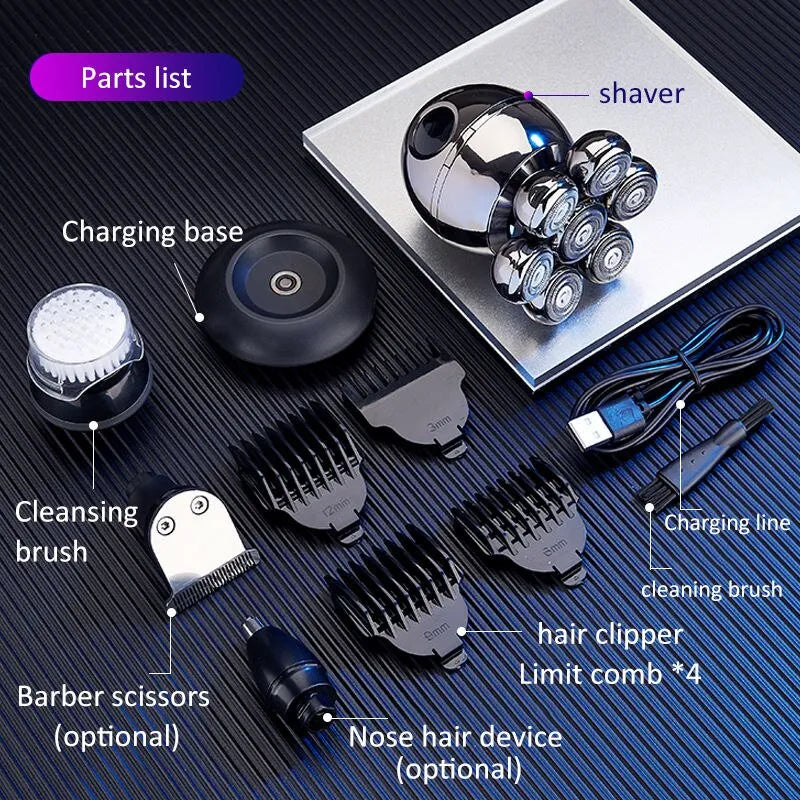 7D Floating Cutter Head Electric Shaver - Portable Men's Beard Trimmer and Clipper with Base Charging - Skull Shaver for Waterproof Shaving
